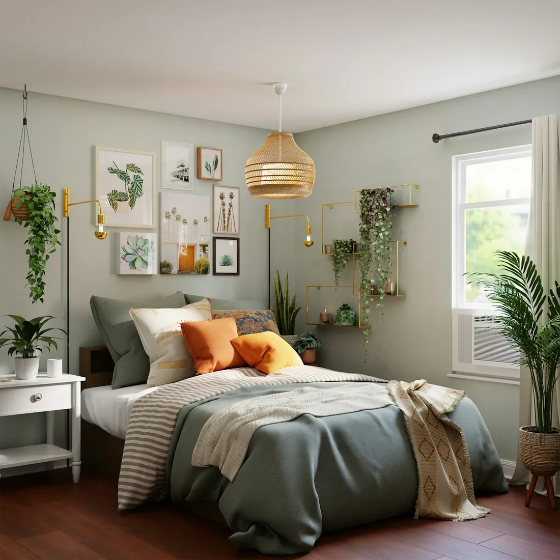 Bedroom with hanging bedside lamps and green plants